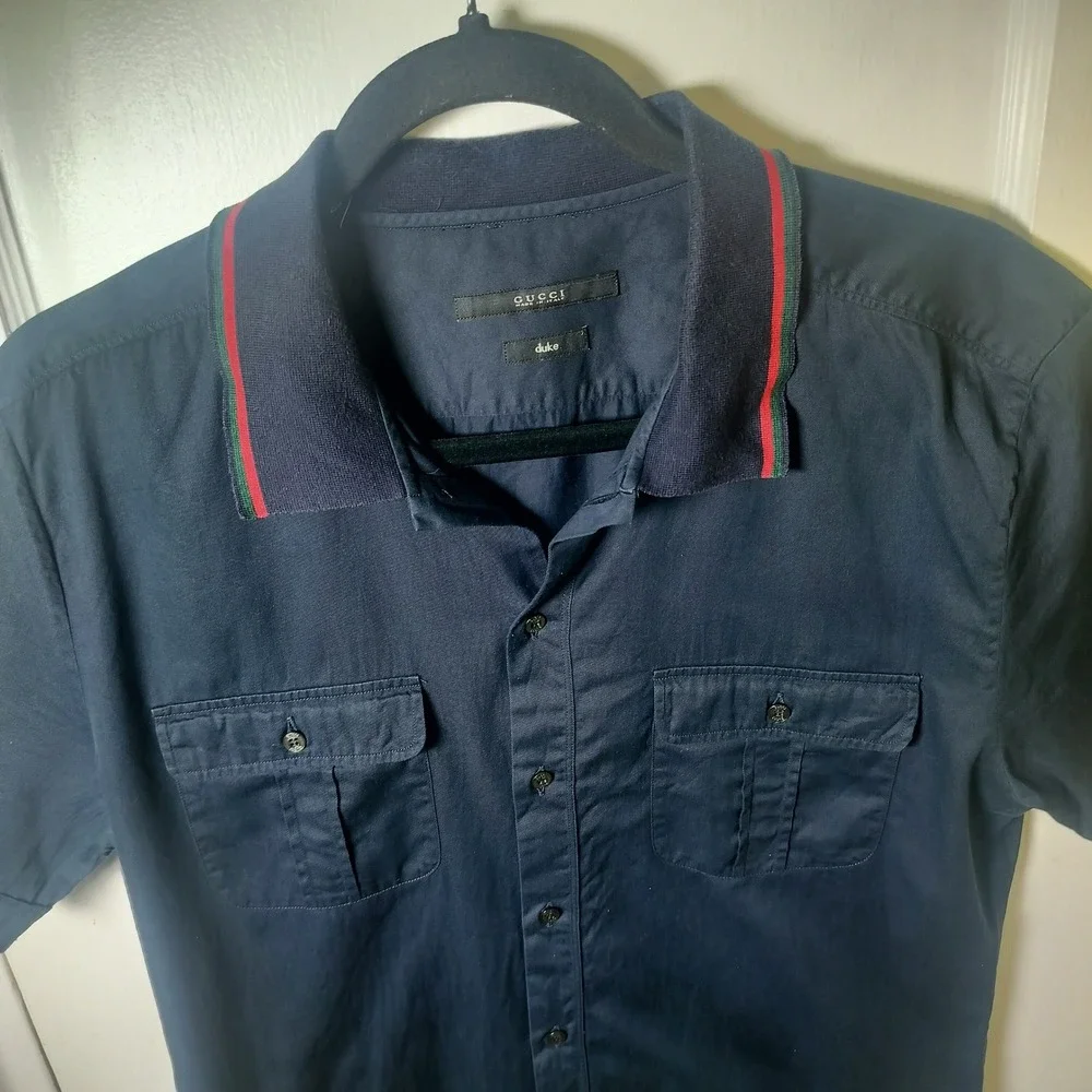 Gucci Duke Mens Navy Blue Web Stripe Collar Short Sleeve Button Down Shirt 15.5